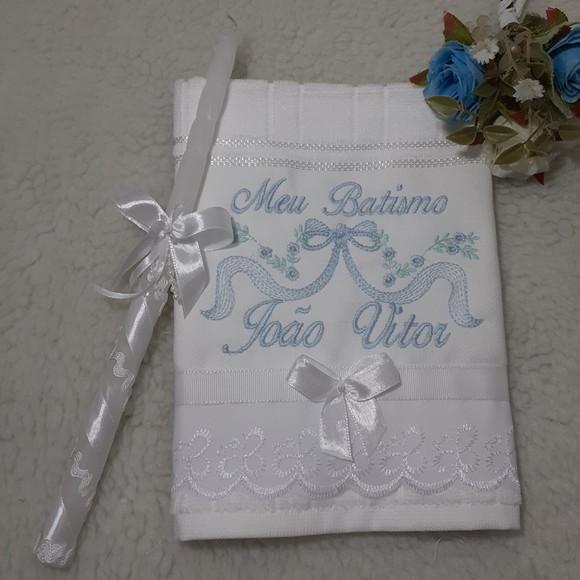 Toalha Batizado Personalizada Menino e Vela Decorada