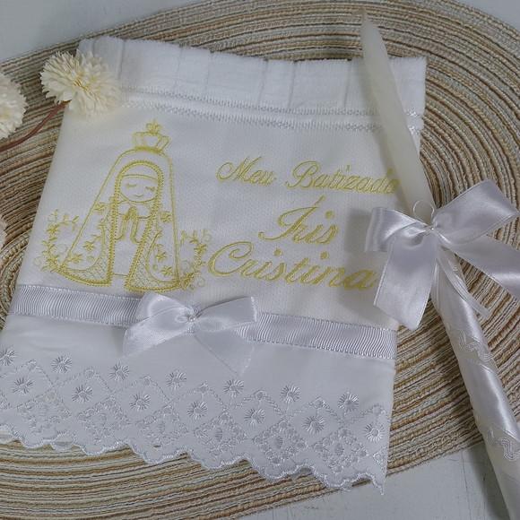Toalha Batizado Personalizada Nossa Senhora Amarelo e Vela