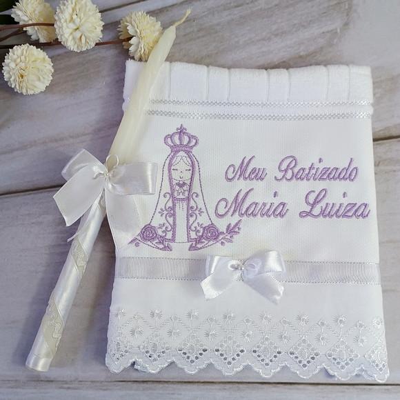 Toalha Batizado Personalizada Nossa Senhora e Vela Decorada