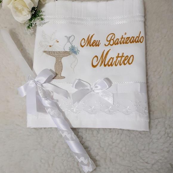 Toalha Batizado Personalizada Pia Batismal e Vela Decorada