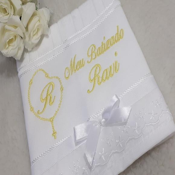 Toalha de Batizado Personalizada Bordado Terço Menino
