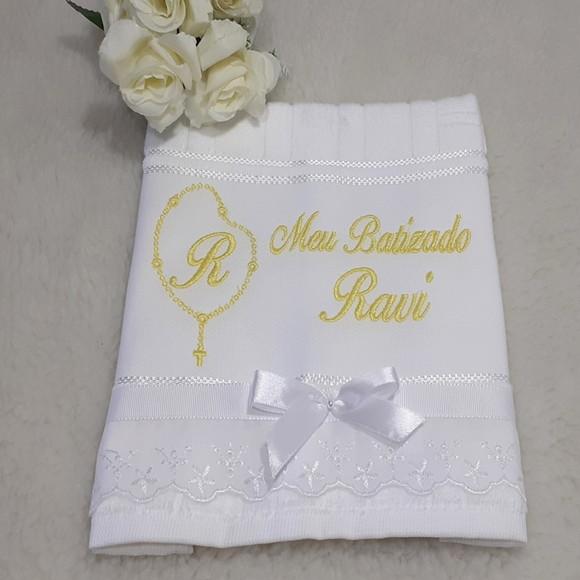 Toalha de Batizado Personalizada Bordado Terço Menino
