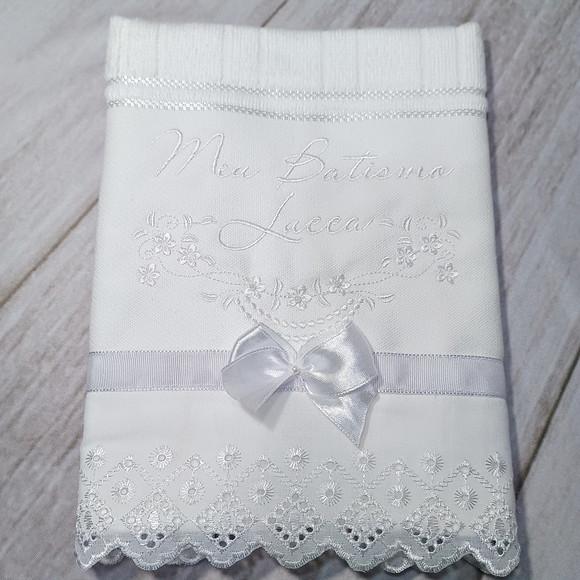 Toalha de Batizado Personalizada Bordado Branco Menino
