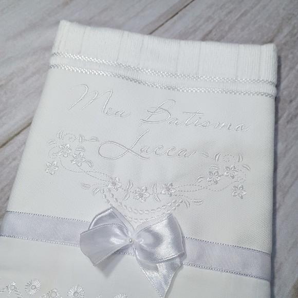 Toalha de Batizado Personalizada Bordado Branco Menino