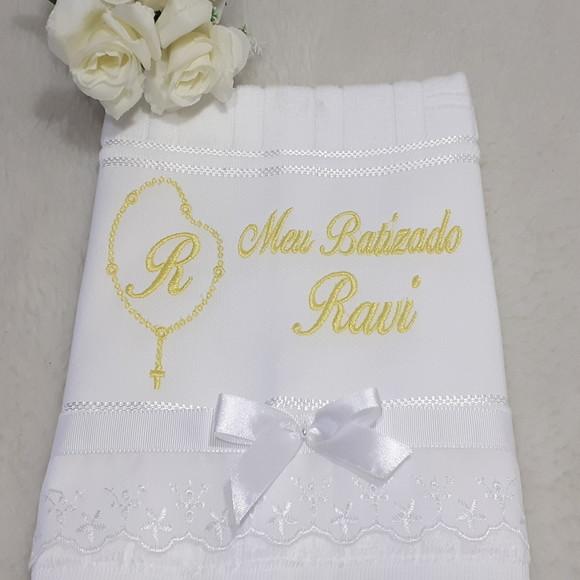 Toalha de Batizado Personalizada Bordado Terço Menino