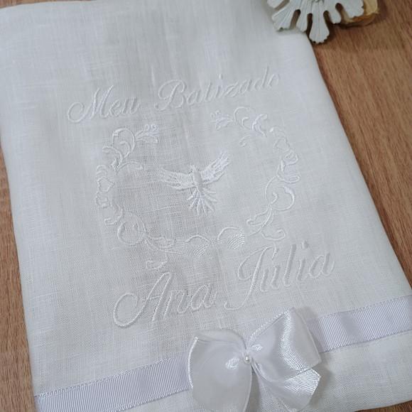 Toalha de Batizado Personalizada Cambraia de Linho Branca