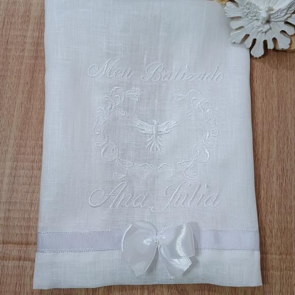 Toalha de Batizado Personalizada Cambraia de Linho Branca