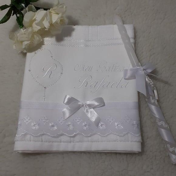 Toalha e Vela para Batizado Personalizada Bordado Branco