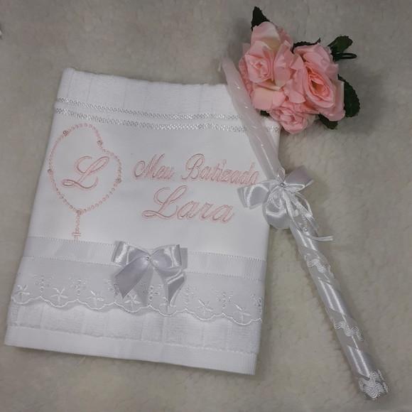 Toalha e Vela para Batizado Personalizada Menina Rosa