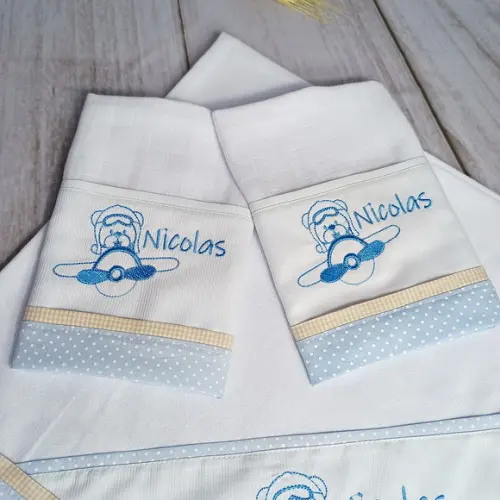 Cueiro de Flanela e Fralda Boca Personalizado Urso Aviador