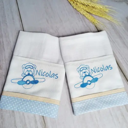 Cueiro de Flanela e Fralda Boca Personalizado Urso Aviador