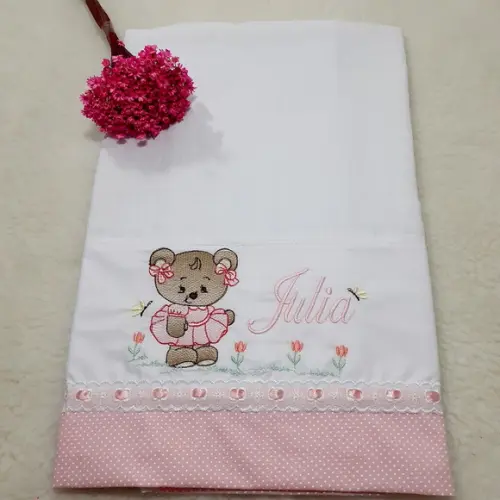 Fralda Passeio Bordada Personalizada Ursinha Rosa
