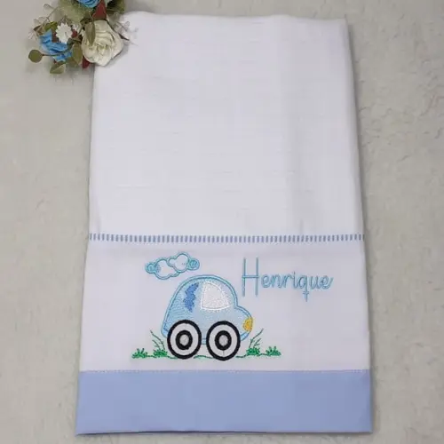 Fralda Passeio Personalizada Bordada Carrinho Azul