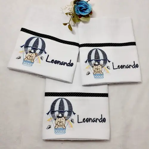 Kit 3 Fraldas de Boca Bordada Personalizado Ursinho Balão