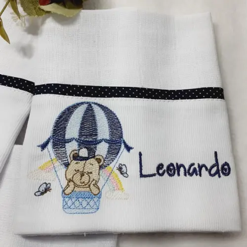 Kit 3 Fraldas de Boca Bordada Personalizado Ursinho Balão