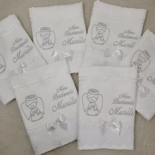 Kit 5 Toalhas Batizado Personalizada Bordado Anjinho Menino