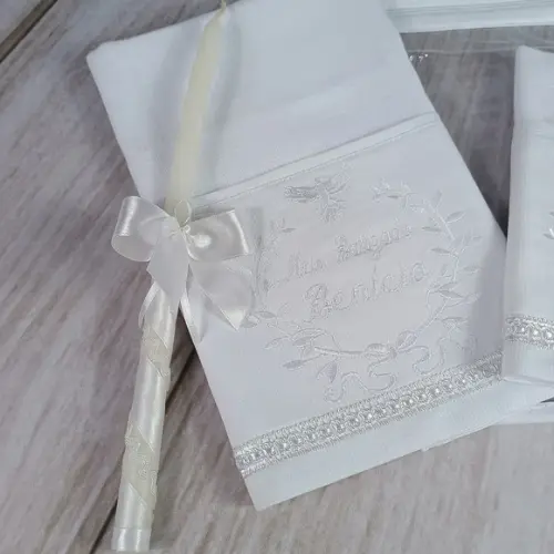 Kit Batizado Fralda Personalizadas Branca, Embalagem e Vela