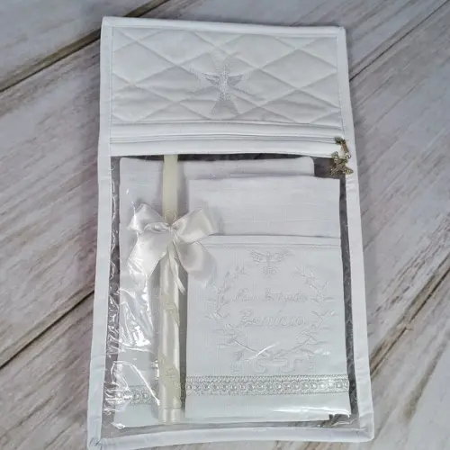 Kit Batizado Fralda Personalizadas Branca, Embalagem e Vela