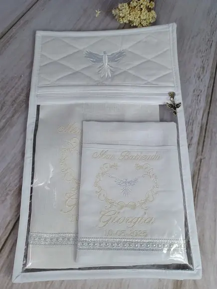 Kit Batizado Personalizado Toalha Linho, Fralda, Embalagem