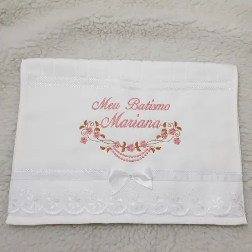 Kit Batizado Toalha Bordada Nome Rosa Menina e Vela