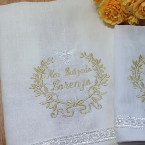 Kit Batizado Toalha de Linho e Fralda Personalizada Menino