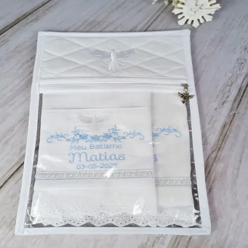 Kit Batizado Toalha Linho Personalizada Fralda e Embalagem
