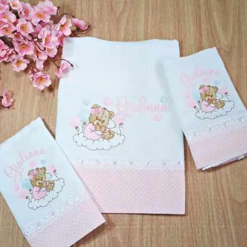 Kit Fralda Bordada e Personalizadas Ursinha Rosa Enxoval