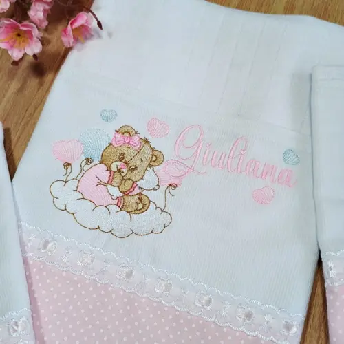 Kit Fralda Bordada e Personalizadas Ursinha Rosa Enxoval
