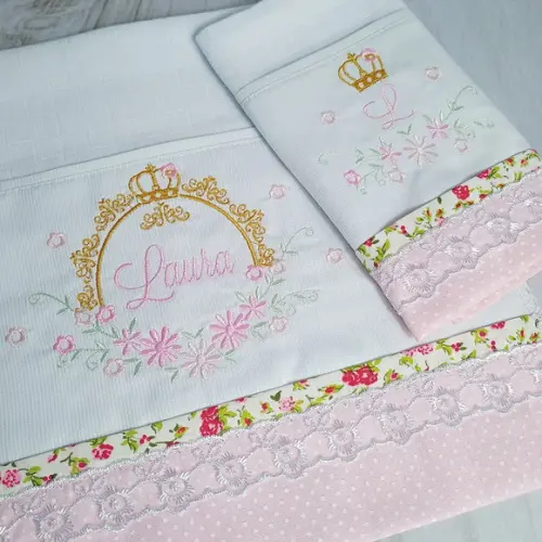Kit Fralda Bordadas e Personalizadas Flores Rosa Menina