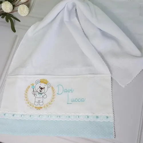 Kit Fralda de Cobrir Bordada e Fraldinha de Boca Ursinho