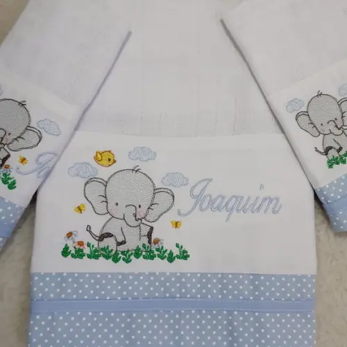 Kit Fraldas Bordadas e Fraldinha de Boca Elefantinho Azul
