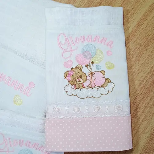 Kit Fraldas Bordadas e Personalizadas Ursinha Menina Rosa