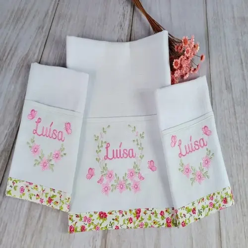 Kit Fraldas de Tecido Fralda de Boca Raminho Floral com Nome