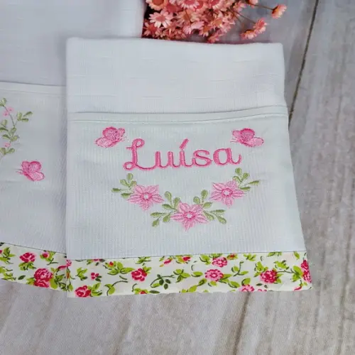 Kit Fraldas de Tecido Fralda de Boca Raminho Floral com Nome