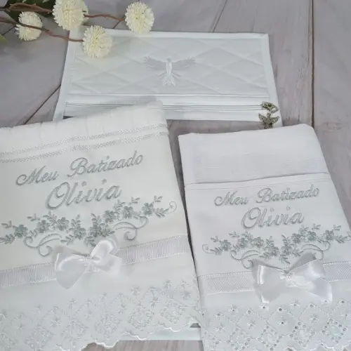 Kit Toalha Batizado Bordada Personalizada, Fralda, Embalagem