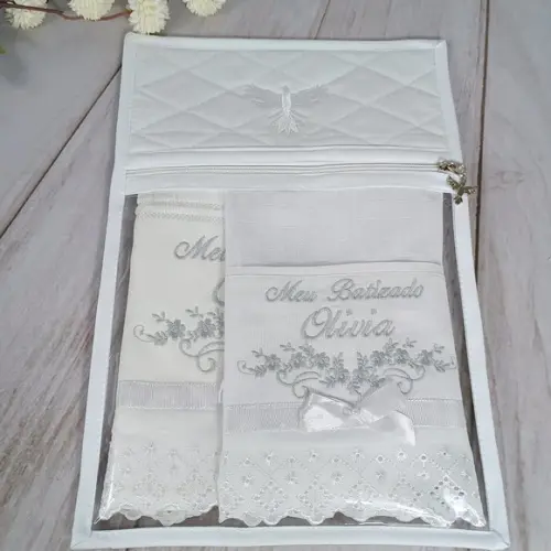 Kit Toalha Batizado Bordada Personalizada, Fralda, Embalagem