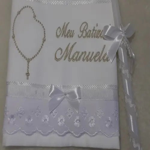 Kit Toalha Batizado Personalizada Terço e Vela Decorada
