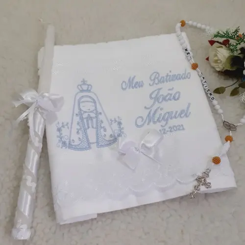 Toalha Batismo Nossa Senhora Aparecida e Vela Decorada
