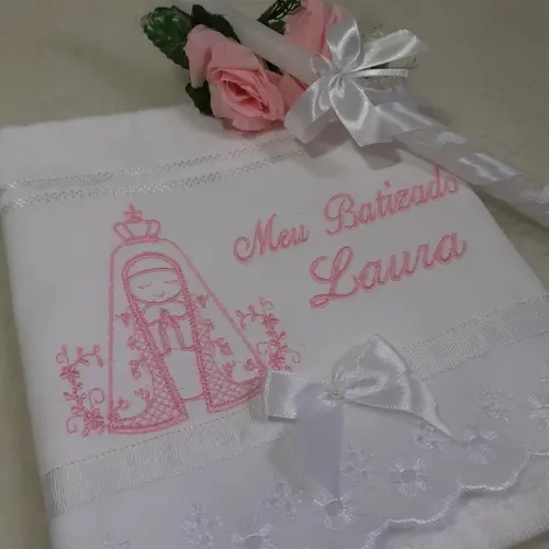 Toalha Batismo Nossa Senhora e Vela Decorada