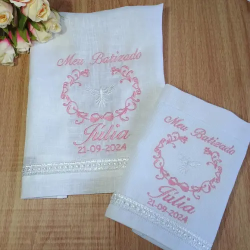 Toalha Batizado Cambraia Linho Bordada e Fralda Boca Branca