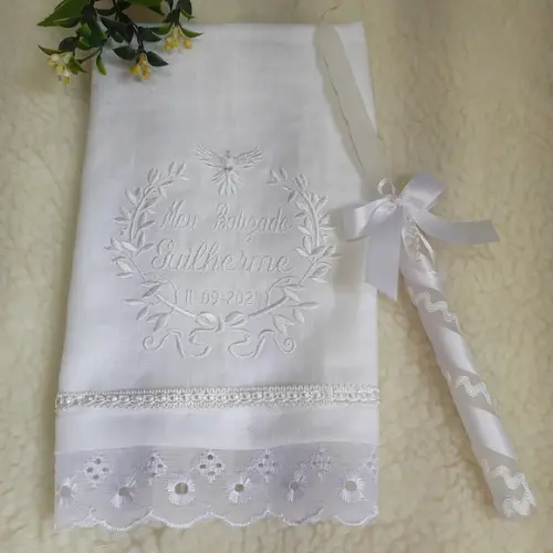 Toalha Batizado Cambraia Linho Espírito Santo Vela Decorada