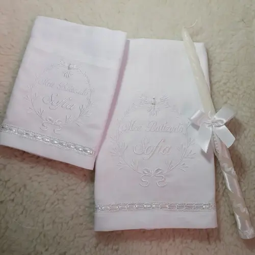 Toalha Batizado Cambraia Linho Vela e Fralda Bordado Branco