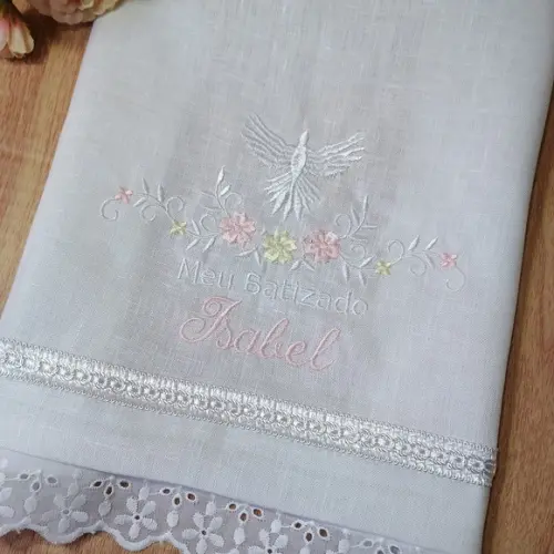 Toalha Batizado de Linho Personalizada Bordado Flores