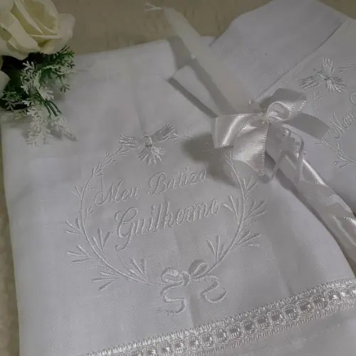 Toalha Batizado de Linho, Vela Decorada Fralda Personalizada