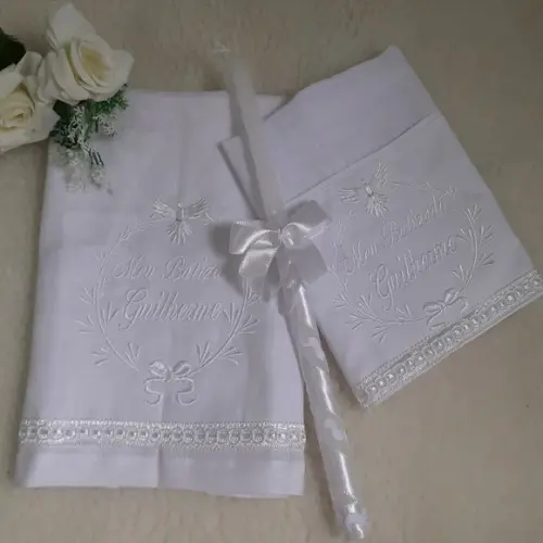 Toalha Batizado de Linho, Vela Decorada Fralda Personalizada