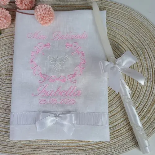 Toalha Batizado Linho Personalizado e Vela Decorada Menina
