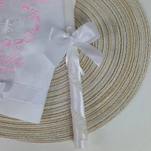 Toalha Batizado Linho Personalizado e Vela Decorada Menina