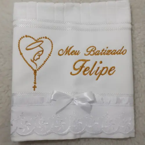 Toalha Batizado Menino Bordada Terço Nossa Senhora