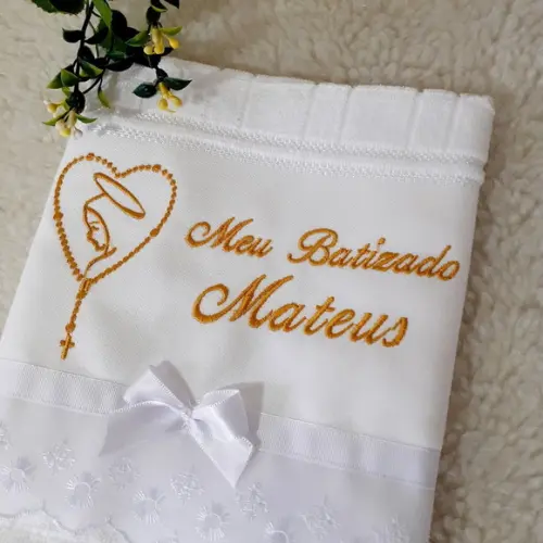 Toalha Batizado Menino Bordada Terço Nossa Senhora