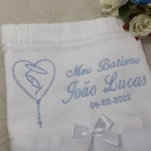 Toalha Batizado Personalizada Menino Terço Nossa Senhora